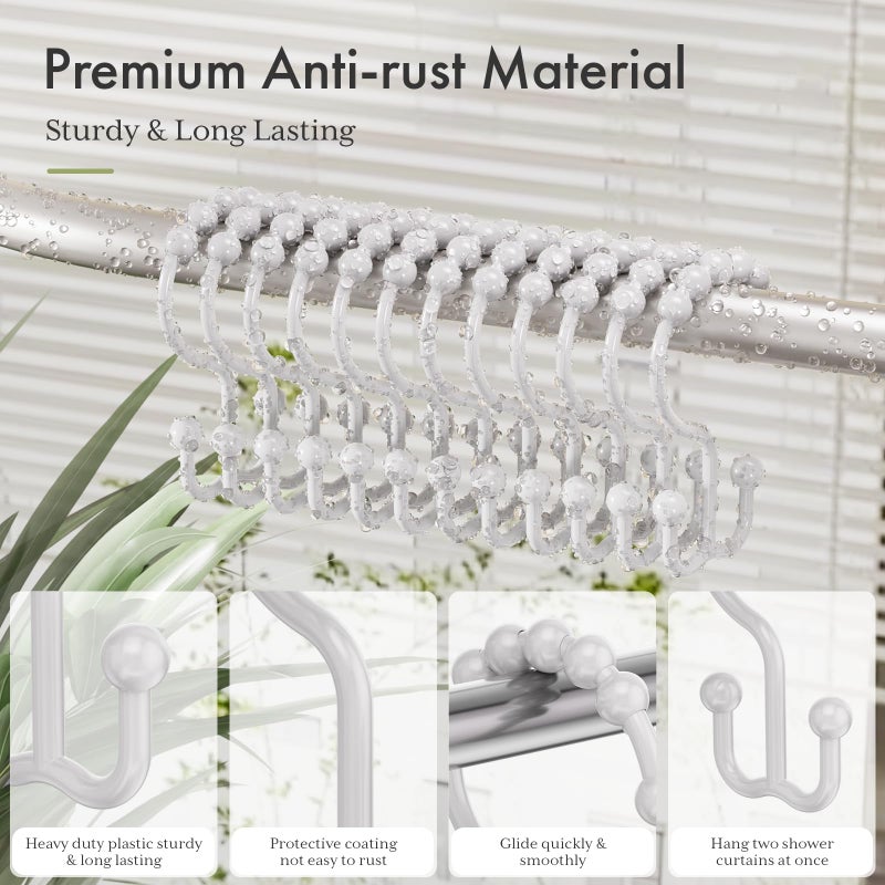 Amazer Plastic Shower Curtain Hooks, Double Shower Curtain Rings, Shower Rings for Shower Curtain, White Shower Hooks for Curtain Liner Bathroom - 12 Pcs - Image 3